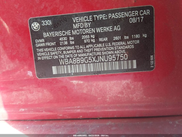 2018 Bmw 330i მანქანა იყიდება აუქციონზე, vin: WBA8B9G5XJNU95750, აუქციონის ნომერი: 44903093