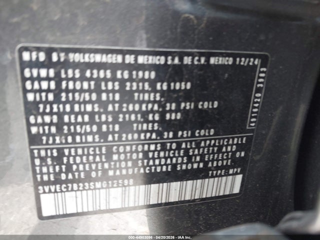 Aukcja sprzedaży 2025 Volkswagen Taos 1.5t Se, vin: 3VVEC7B23SM012598, numer aukcji: 44903096