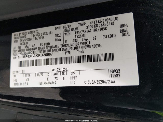 44903105 :رقم المزاد ، 1FTBF4XG3KKB26667 vin ، 2019 Ford Transit-350 مزاد بيع