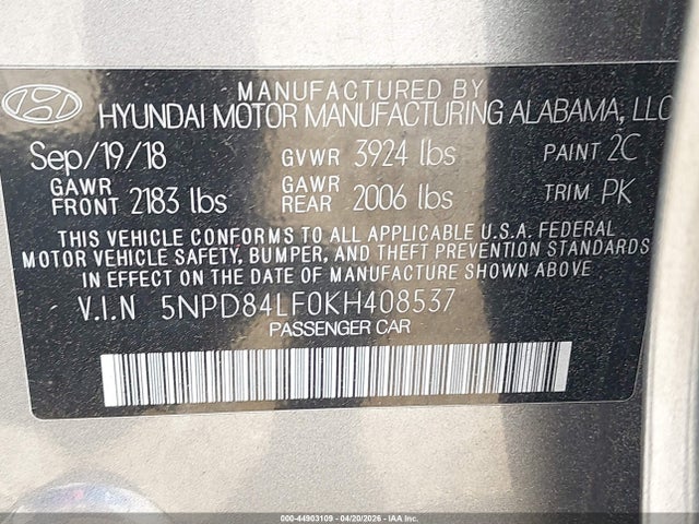 Продаж на аукціоні авто 2019 Hyundai Elantra Sel, vin: 5NPD84LF0KH408537, номер лоту: 44903109