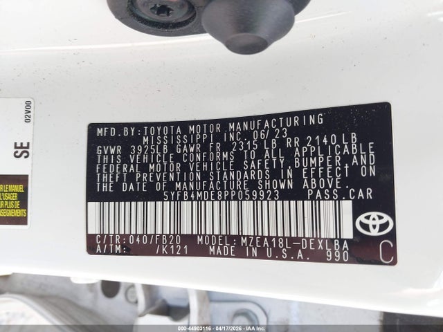 Aukcja sprzedaży 2023 Toyota Corolla Le, vin: 5YFB4MDE8PP059923, numer aukcji: 44903116
