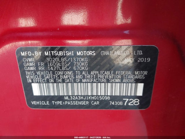 Продаж на аукціоні авто 2019 Mitsubishi Mirage Es/rf, vin: ML32A3HJ1KH015098, номер лоту: 44903117