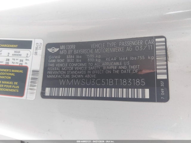 Aukcja sprzedaży 2011 Mini Cooper, vin: WMWSU3C51BT183185, numer aukcji: 44903121