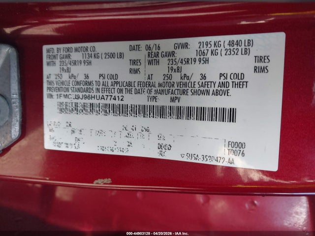 2017 Ford Escape Titanium მანქანა იყიდება აუქციონზე, vin: 1FMCU9J96HUA77412, აუქციონის ნომერი: 44903128