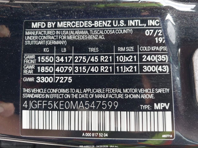 4JGFF5KE0MA547599 Mercedes-Benz Gls 450 4matic