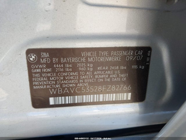 2008 Bmw 328i მანქანა იყიდება აუქციონზე, vin: WBAVC53528FZ82766, აუქციონის ნომერი: 44903132