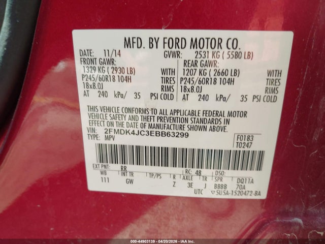 Продаж на аукціоні авто 2014 Ford Edge Sel, vin: 2FMDK4JC3EBB63299, номер лоту: 44903139