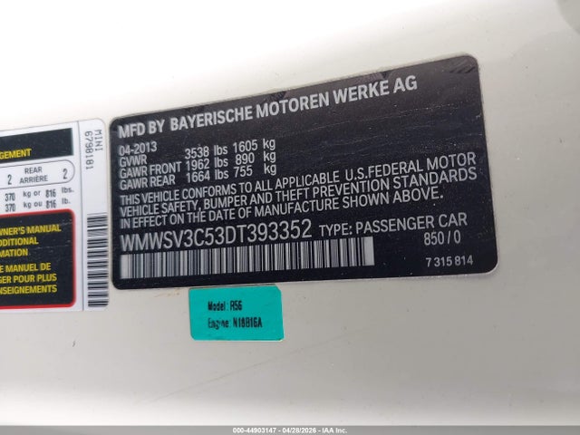 Aukcja sprzedaży 2013 Mini Hardtop Cooper S, vin: WMWSV3C53DT393352, numer aukcji: 44903147
