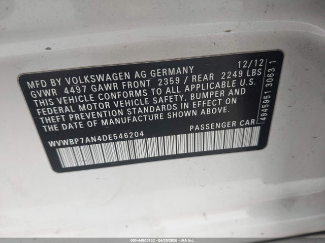 Продажа на аукционе авто 2013 Volkswagen Cc 2.0t Sport Plus, vin: WVWBP7AN4DE546204, номер лота: 44903152