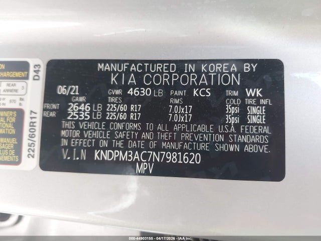Aukcja sprzedaży 2022 Kia Sportage Lx, vin: KNDPM3AC7N7981620, numer aukcji: 44903155