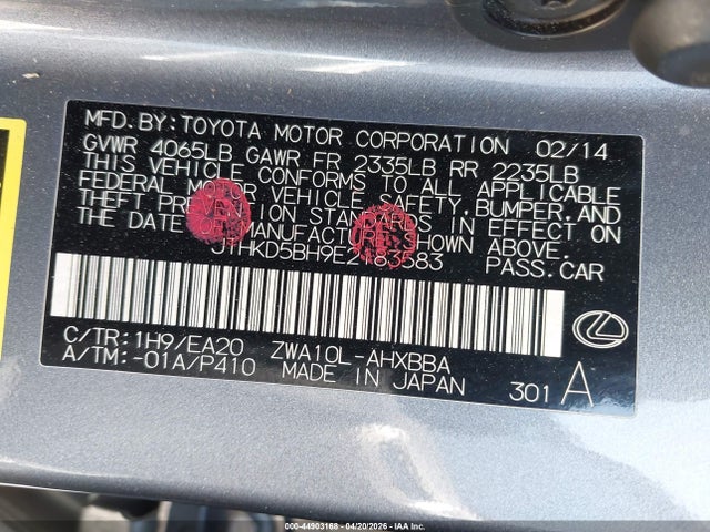 Продаж на аукціоні авто 2014 Lexus Ct 200h, vin: JTHKD5BH9E2183583, номер лоту: 44903168