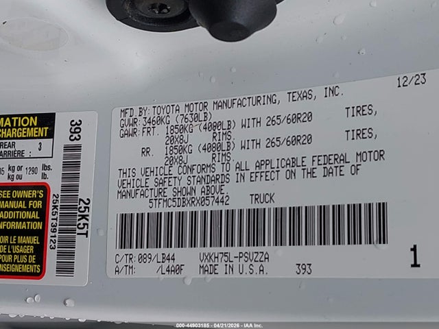 2024 Toyota Tundra Hybrid 1794 Edition 4wd მანქანა იყიდება აუქციონზე, vin: 5TFMC5DBXRX057442, აუქციონის ნომერი: 44903185