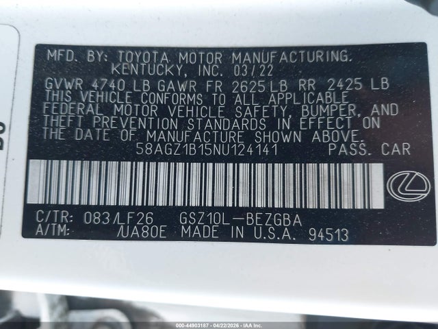 44903187 :رقم المزاد ، 58AGZ1B15NU124141 vin ، 2022 Lexus Es 350 F Sport مزاد بيع