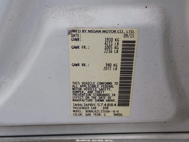 Aukcja sprzedaży 2015 Nissan Altima 2.5 Sv, vin: 1N4AL3AP8FC574884, numer aukcji: 44903193