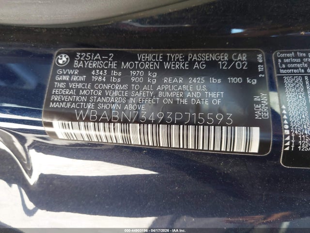 Продажа на аукционе авто 2003 Bmw 325ci, vin: WBABN73493PJ15593, номер лота: 44903196