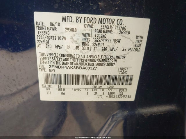 Aukcja sprzedaży 2011 Ford Edge Sport, vin: 2FMDK4AK8BBA00327, numer aukcji: 44903198