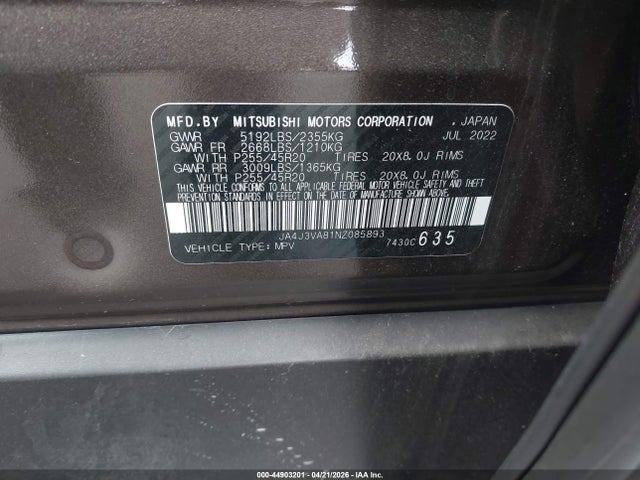 Продаж на аукціоні авто 2022 Mitsubishi Outlander Sel 2.5 2wd/sel Special Edition 2wd, vin: JA4J3VA81NZ085893, номер лоту: 44903201