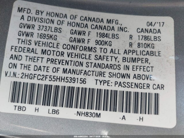 Honda Civic Lx 2017 2HGFC2F55HH539156 Image 9