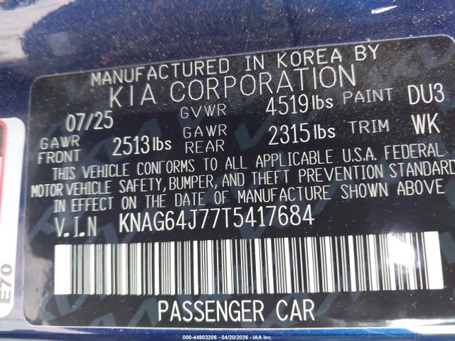 44903206 :رقم المزاد ، KNAG64J77T5417684 vin ، 2026 Kia K5 Gt-line Awd مزاد بيع