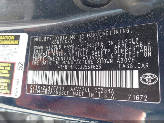 4T1B11HK3JU554625 Toyota CAMRY SE