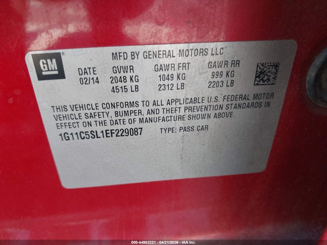 Продаж на аукціоні авто 2014 Chevrolet Malibu 1lt, vin: 1G11C5SL1EF229087, номер лоту: 44903221