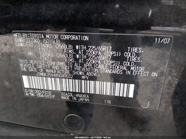 Продажа на аукционе авто 2008 Toyota Rav4 Base V6, vin: JTMBK35V485049032, номер лота: 44903223