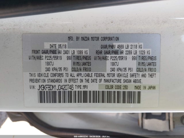 44903234 :رقم المزاد ، JM3KFBDM1J0420746 vin ، 2018 Mazda Cx-5 Grand Touring مزاد بيع