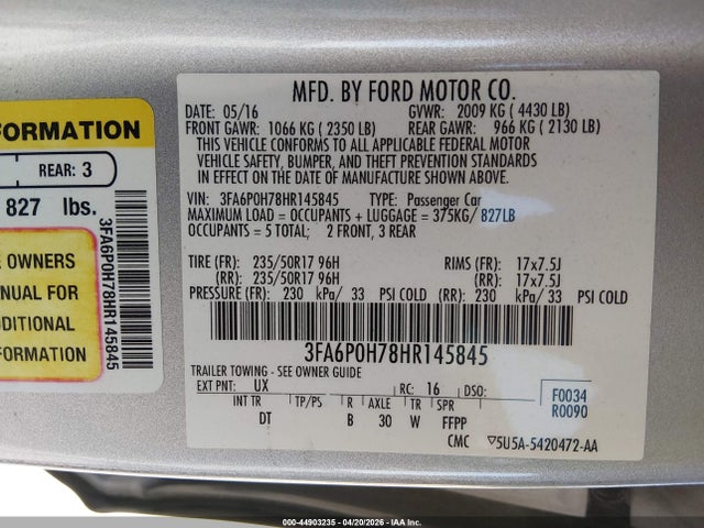 Aukcja sprzedaży 2017 Ford Fusion Se, vin: 3FA6P0H78HR145845, numer aukcji: 44903235