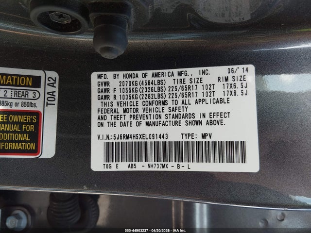Продажа на аукционе авто 2014 Honda Cr-v Ex, vin: 5J6RM4H5XEL091443, номер лота: 44903237