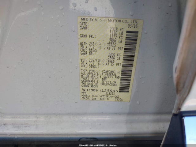 5N1AZ2MG3GN125905 Nissan Murano Platinum