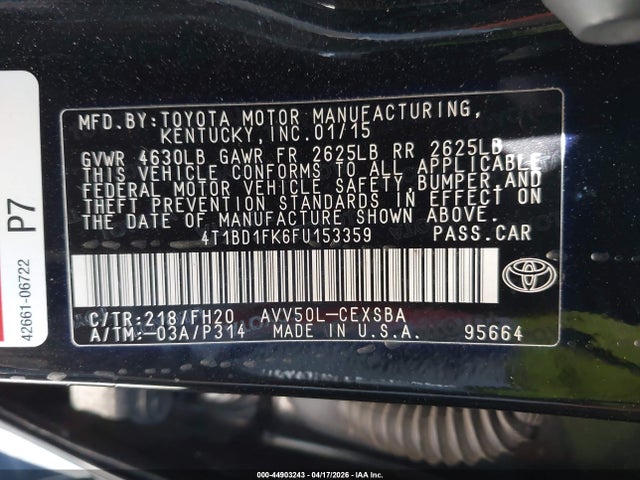 4T1BD1FK6FU153359 Toyota Camry Hybrid Se