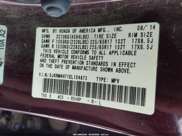 2014 Honda Cr-v Ex-l მანქანა იყიდება აუქციონზე, vin: 5J6RM4H71EL104873, აუქციონის ნომერი: 44903249
