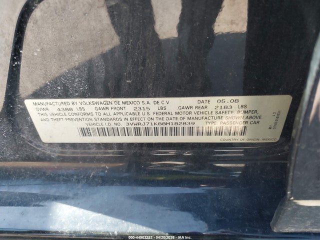 44903252 :رقم المزاد ، 3VWRJ71K88M182839 vin ، 2008 Volkswagen Jetta Wolfsburg Edition مزاد بيع