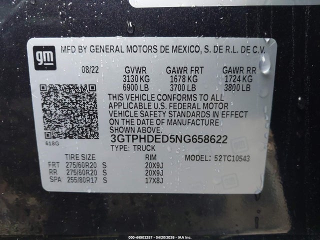 2022 Gmc Sierra 1500 2wd  Short Box Slt მანქანა იყიდება აუქციონზე, vin: 3GTPHDED5NG658622, აუქციონის ნომერი: 44903257