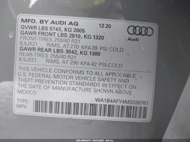 2021 Audi Sq5 Premium Plus Tfsi Quattro Tiptronic მანქანა იყიდება აუქციონზე, vin: WA1B4AFY4M2039761, აუქციონის ნომერი: 44903270