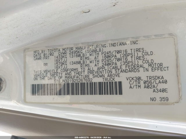 44903276 :رقم المزاد ، 5TBJN32192S267692 vin ، 2002 Toyota Tundra مزاد بيع
