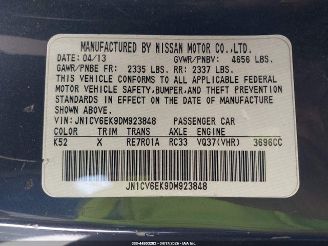 44903282 :رقم المزاد ، JN1CV6EK9DM923848 vin ، 2013 Infiniti G37 Journey مزاد بيع
