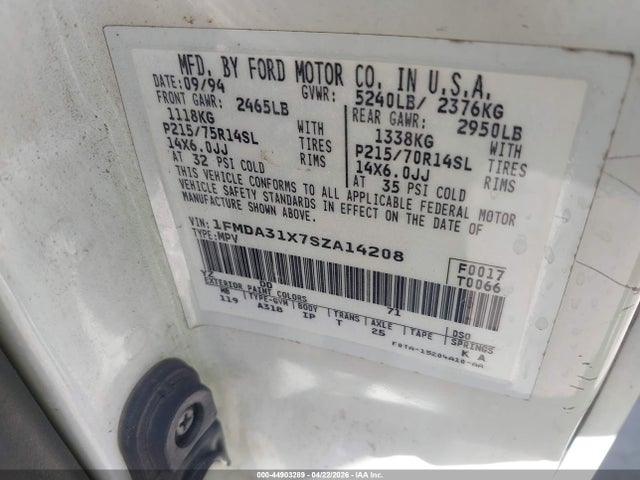 Продаж на аукціоні авто 1995 Ford Aerostar, vin: 1FMDA31X7SZA14208, номер лоту: 44903289