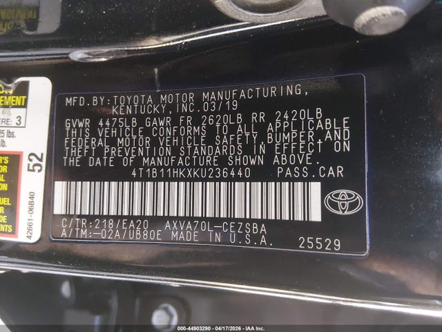 4T1B11HKXKU236440 Toyota CAMRY SE