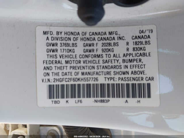 44903302 :رقم المزاد ، 2HGFC2F60KH557726 vin ، 2019 Honda Civic Lx مزاد بيع