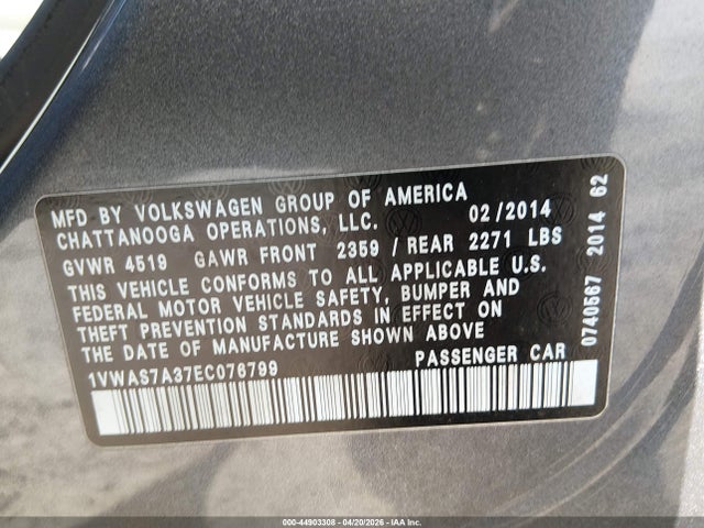 Продаж на аукціоні авто 2014 Volkswagen Passat 1.8t Wolfsburg Edition, vin: 1VWAS7A37EC076799, номер лоту: 44903308