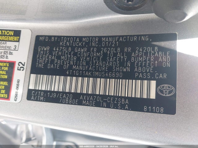 Auction sale of the 2021 Toyota Camry Se, vin: 4T1G11AK1MU546690, lot number: 44903320