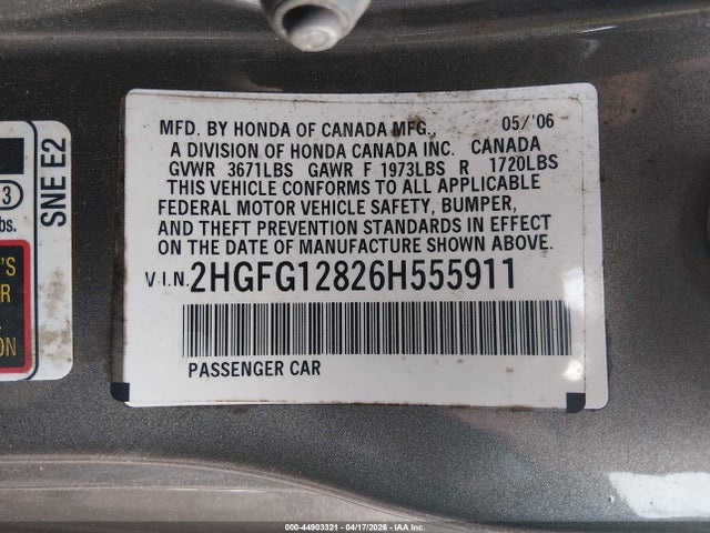 Aukcja sprzedaży 2006 Honda Civic Ex, vin: 2HGFG12826H555911, numer aukcji: 44903321