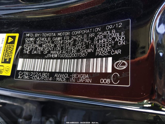 44903323 :رقم المزاد ، JTHBW1GG5D2007387 vin ، 2013 Lexus Es 300h مزاد بيع