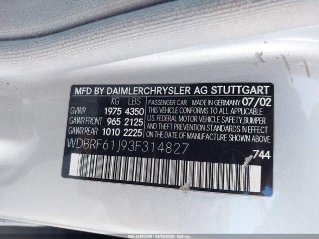 44903348 :رقم المزاد ، WDBRF61J93F314827 vin ، 2003 Mercedes-benz C 240 مزاد بيع
