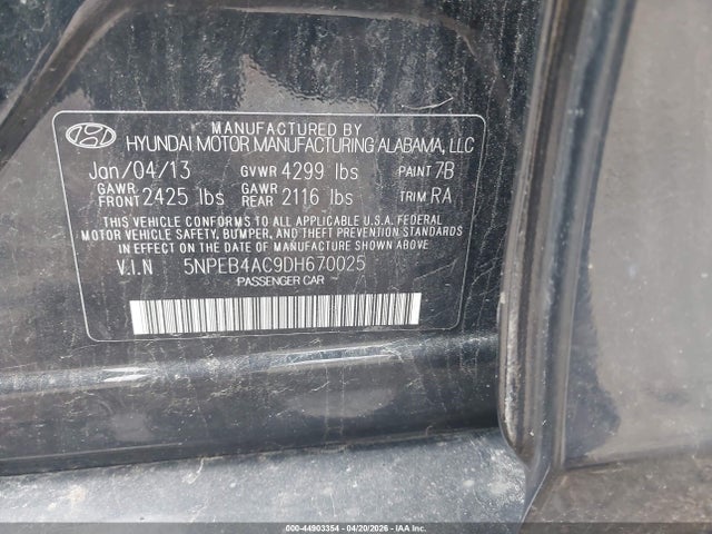 44903354 :رقم المزاد ، 5NPEB4AC9DH670025 vin ، 2013 Hyundai Sonata Gls مزاد بيع
