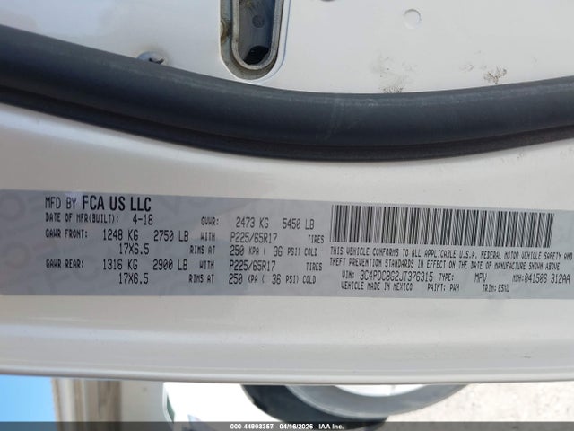 Продаж на аукціоні авто 2018 Dodge Journey Sxt, vin: 3C4PDCBG2JT376315, номер лоту: 44903357