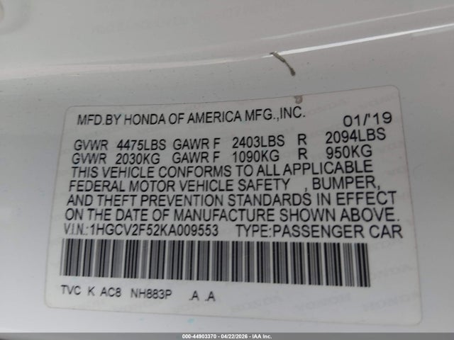 44903370 :رقم المزاد ، 1HGCV2F52KA009553 vin ، 2019 Honda Accord Ex-l 2.0t مزاد بيع