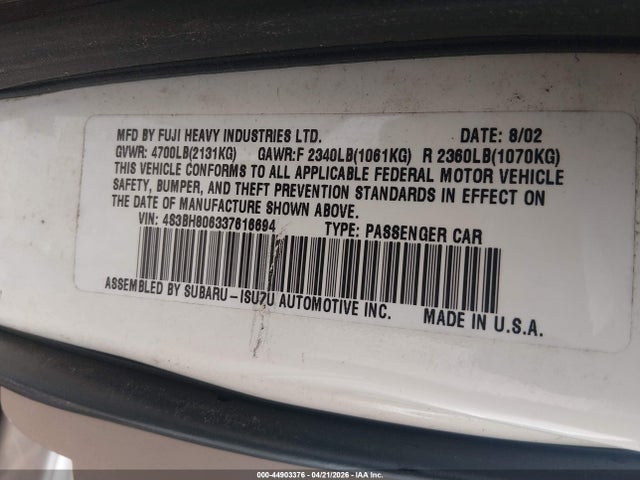 Aukcja sprzedaży 2003 Subaru Outback H6-3.0 L.l. Bean Edition, vin: 4S3BH806337616694, numer aukcji: 44903376