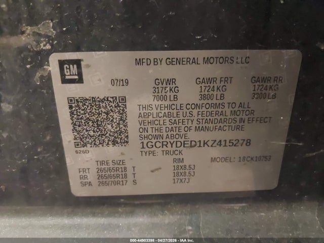 Aukcja sprzedaży 2019 Chevrolet Silverado 1500 Lt, vin: 1GCRYDED1KZ415278, numer aukcji: 44903398